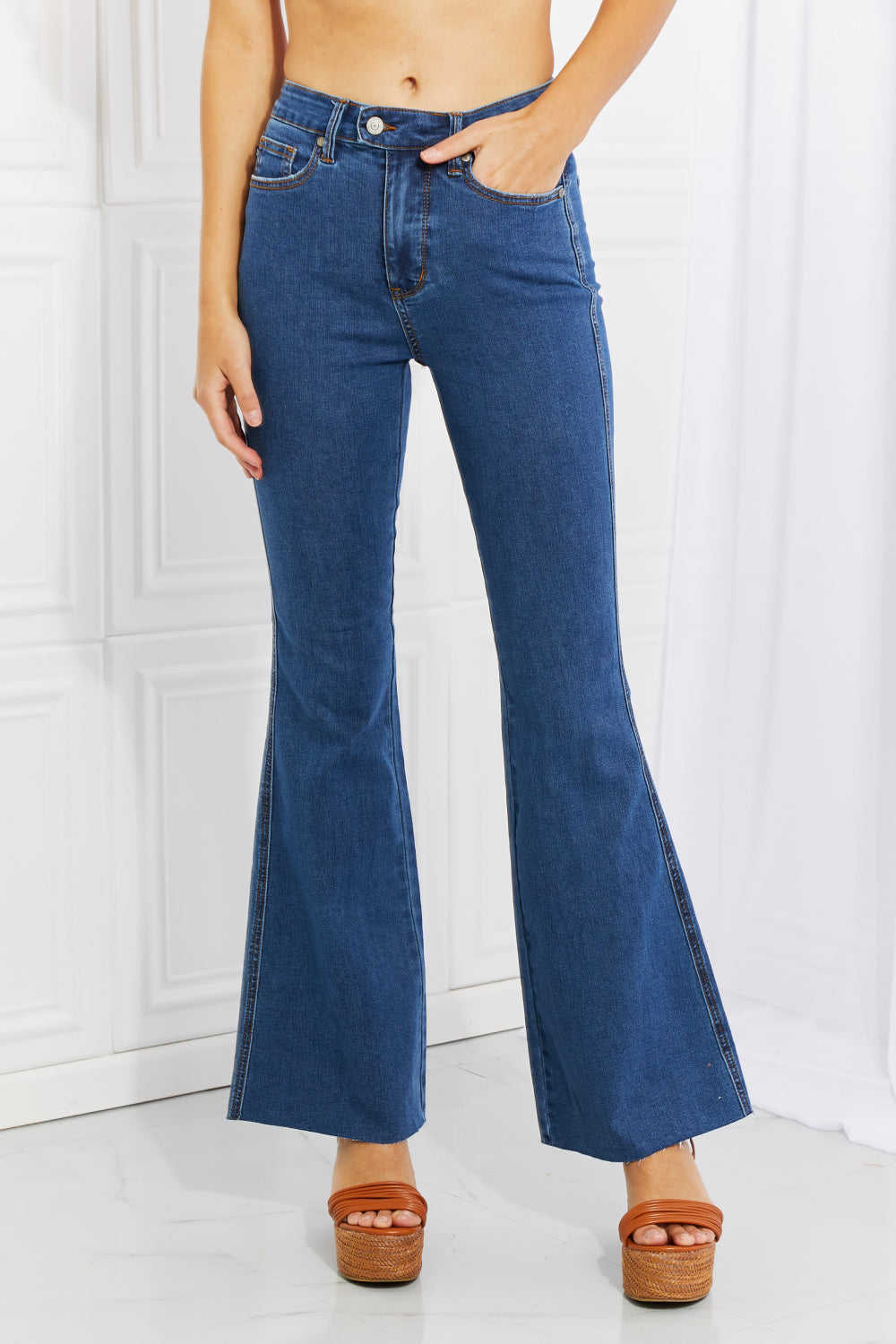 Ava Full Size Cool Denim Tummy Control Flare Jeans