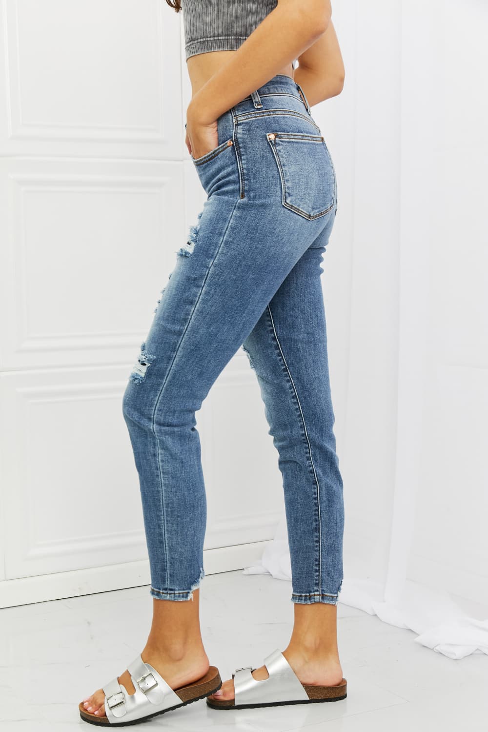 Dahlia Full Size Distressed Patch Jeans