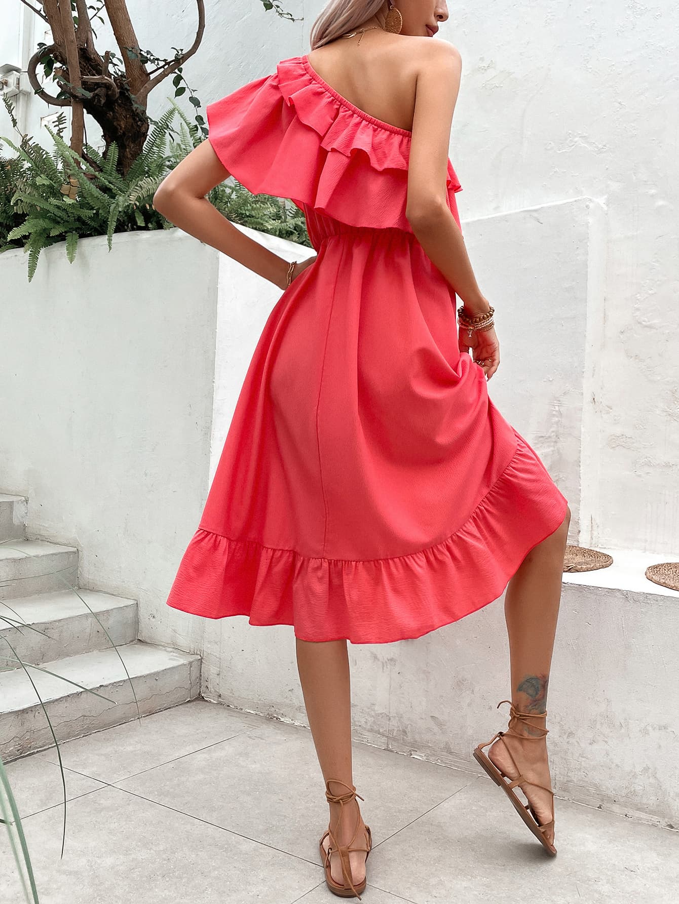 One-Shoulder Ruffle Hem Dress