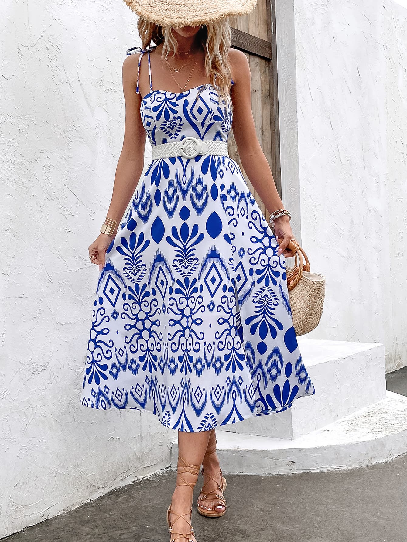 Printed Tie Shoulder Sweetheart Neck Dress