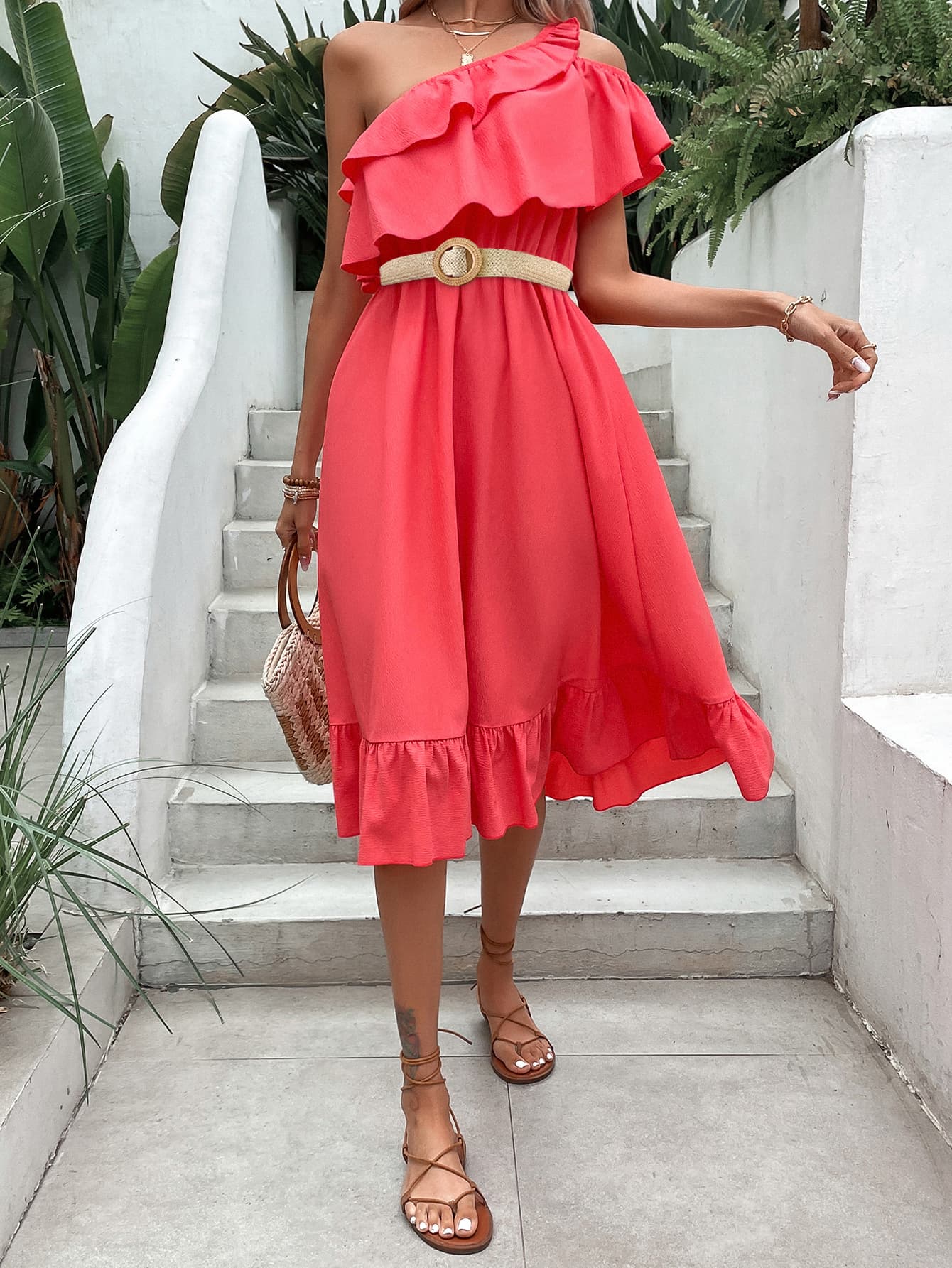 One-Shoulder Ruffle Hem Dress